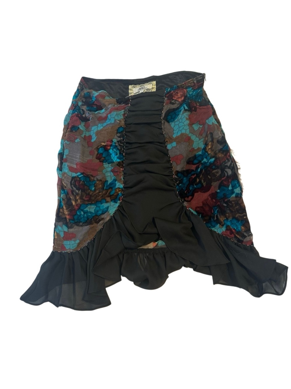 Fifi Collection Y2K Boho Floral Mesh Ruched Beaded Ruffle Asymmetrical Skirt S